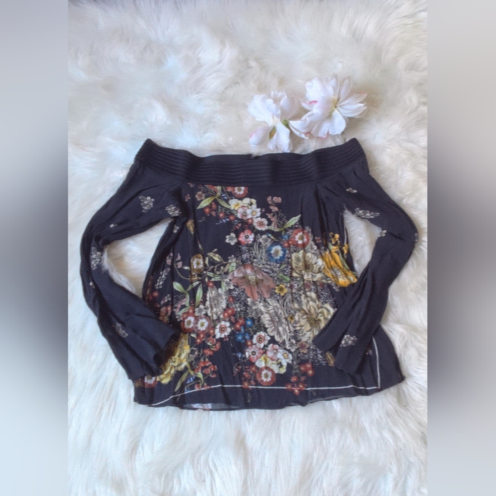 Zara Black Floral Off-Shoulder Blouse Size XS NWOT